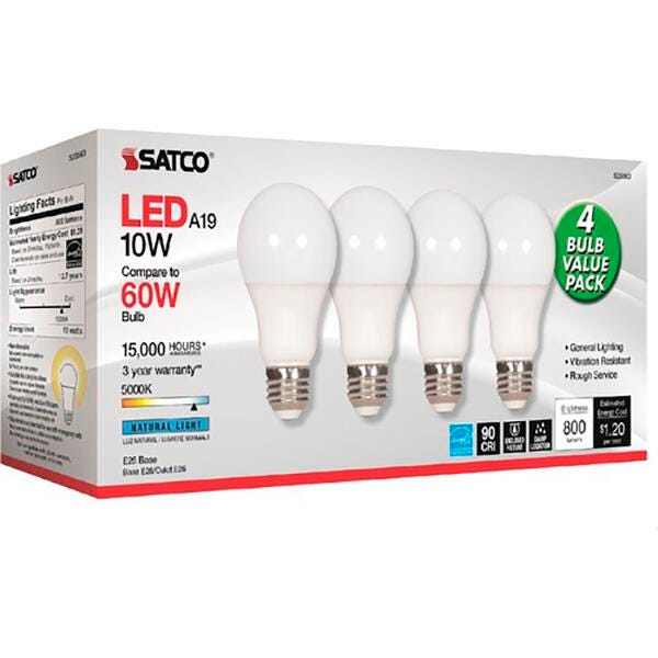 Satco 10 Watt A19 LED 5000K Light Bulbs, Pack of 4, Item Number 2050277